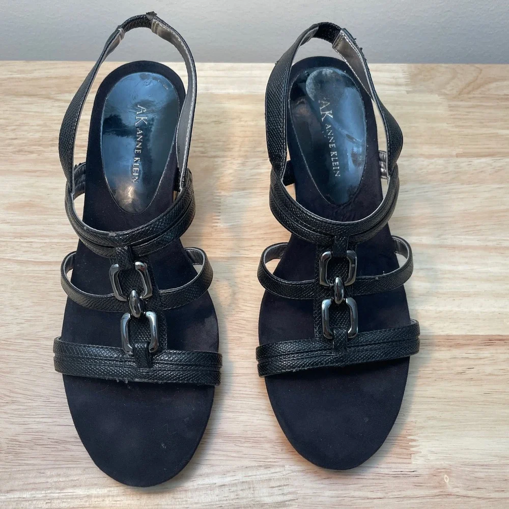 AK Anne Klein Chanatj Black Textured Cork Wedge Slingback Sandals‎ 9M